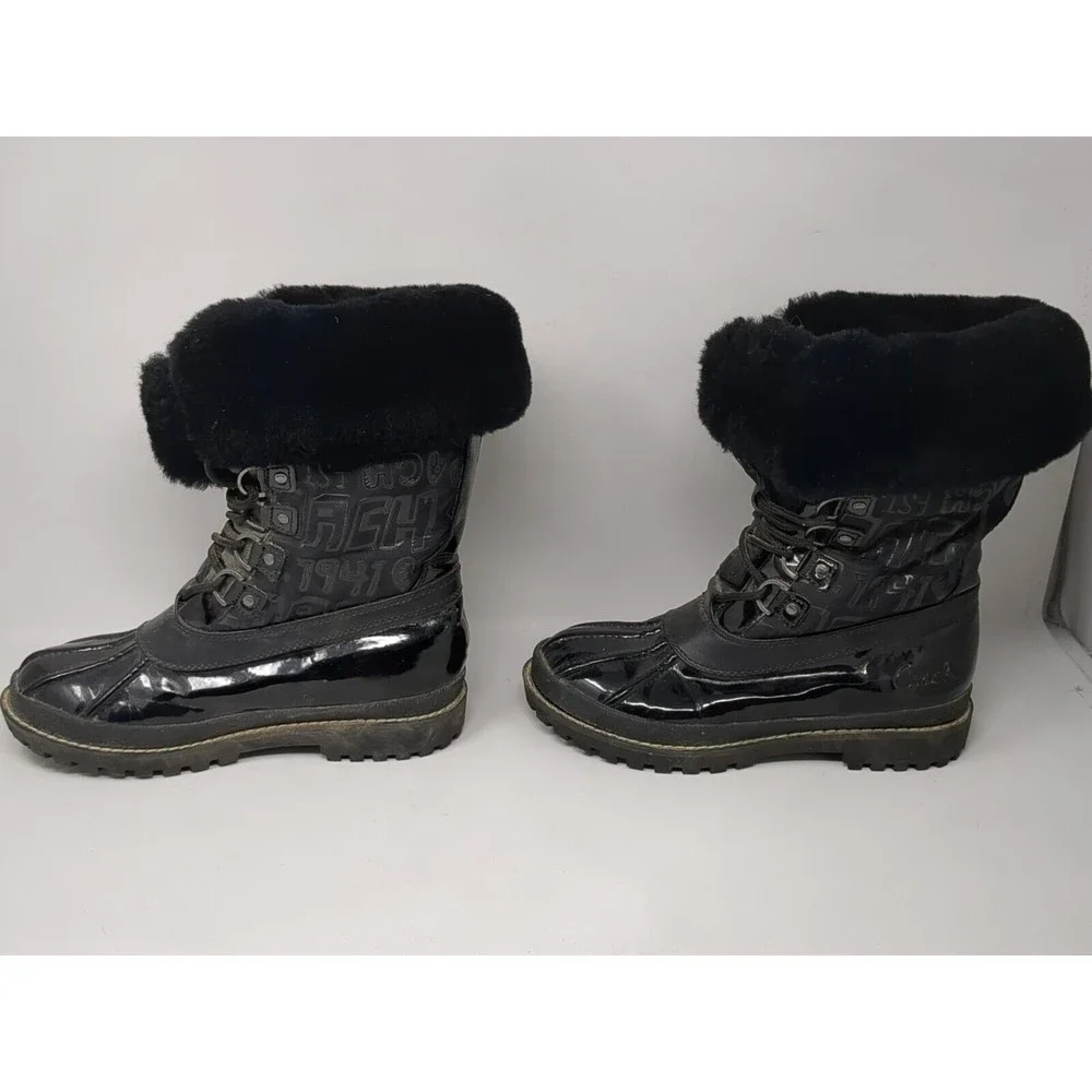 Coach Leonora Black Faux Fur Lace-Up Snow Winter Boots Signature Size 6 B Y2K‎